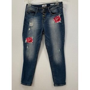 Black Daisy Jamie Button Fly Distressed Floral Embroidered Boho Jeans Size 9